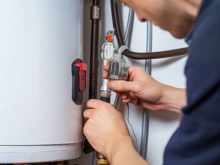 A person adjusts valves and pipes on a water heater, using a wrench to tighten a connection. The individual is focused on the maintenance work, ensuring the unit functions properly.