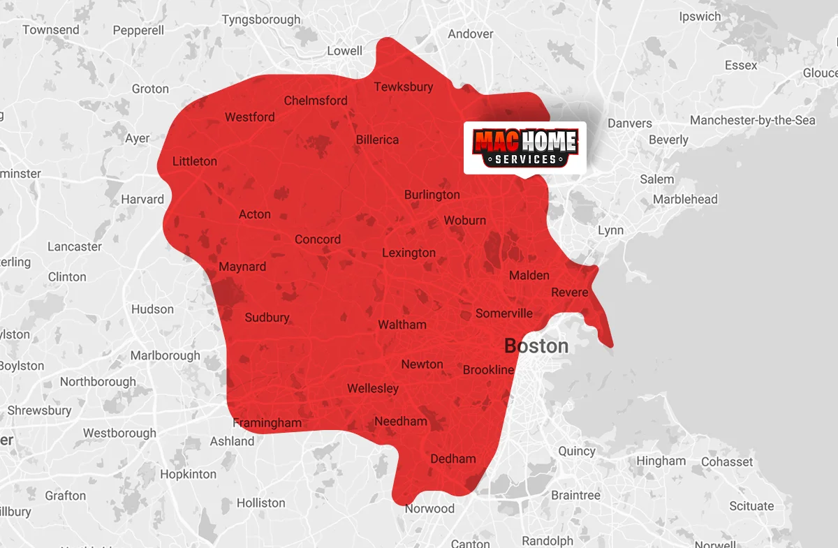 Home 17 A map of the Boston area with a large red shaded region indicating the service area for MAC Home Services, covering cities including Boston, Newton, Waltham, Lexington, and surrounding towns.