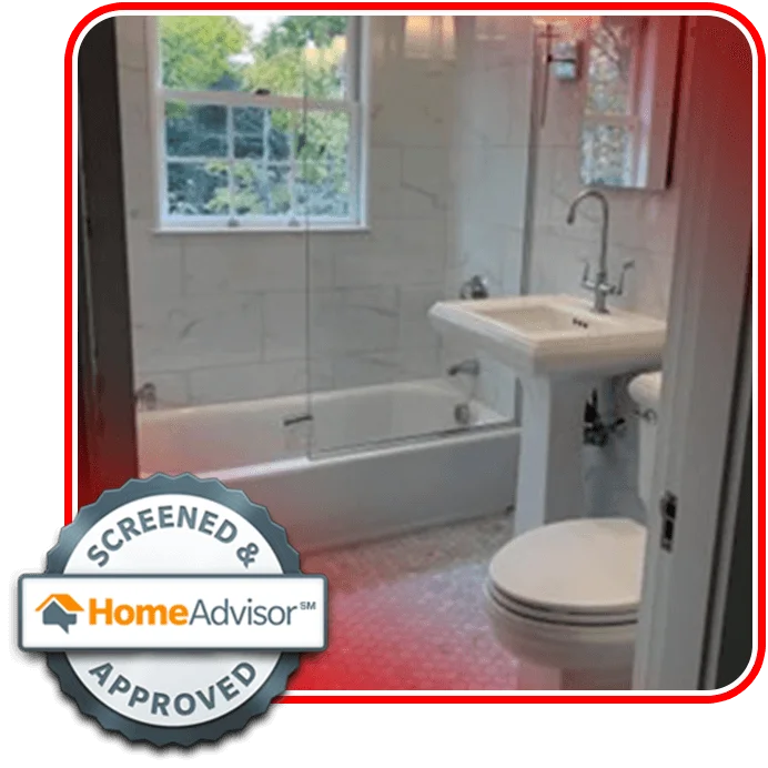 Home 5 Small bathroom with white tile, pedestal sink, toilet, and bathtub with glass shower doors. A window lets in natural light. Screened & Approved HomeAdvisor badge is displayed in the corner.