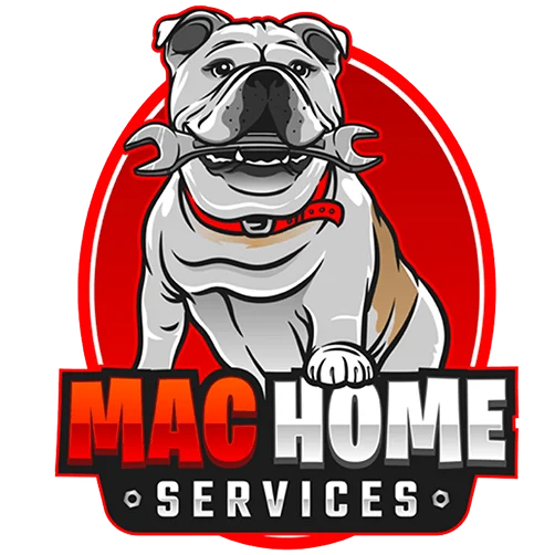Home 6 Logo featuring a cartoon bulldog with a red collar holding a wrench in its mouth, set against a red oval background. Below the bulldog, bold text reads MAC HOME SERVICES in red, white, and black.