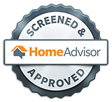 A round badge with a silver and dark blue border reads Screened & Approved. In the center is the HomeAdvisor logo with a house icon and the text HomeAdvisor.